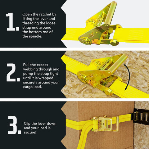 Rugged 2 Inch By 27 Foot Tie Down Straps Pack Of 4 With Flat Hooks Heavy Duty Ratchet Cargo Straps, yellow strap securing box.