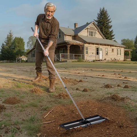 Man using Roller Lawn Leveling Rake With 83.9 Inch Adjustable Handle, 36 Inch By 10 Inch Stainless Steel Yard Leveler on dirt yard