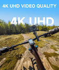 Kickass 4K Action Camera With 40MP Photo mounted on bike for UHD video recording, capturing forest trail ride.
