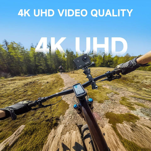 Kickass 4K Action Camera With 40MP Photo mounted on bike for UHD video recording, capturing forest trail ride.