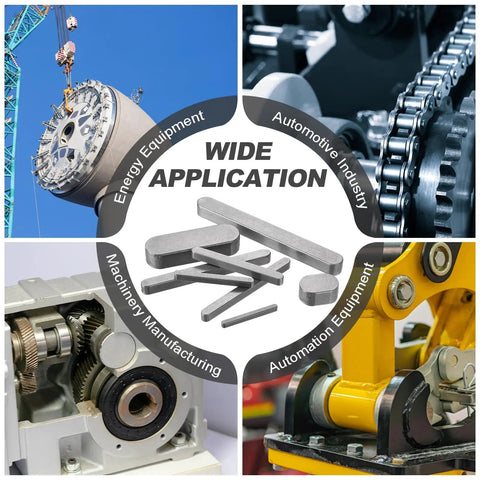 Collage showing uses of 30 Pcs Round Ended Woodruff Key Set 10x5x5mm Stainless Steel Drive Shaft Keyways in various industries.