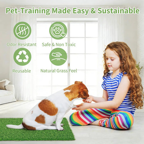 Girl with dog on Two Pack 30X20 Inch Dog Potty Grass Training Turf Mats With Drainage Holes, Washable Artificial Grass Rug