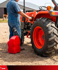 Man using Grab And Go Cordless Fuel Transfer Pump Featuring Auto Stop Safety and Comfort Grip 4 Gpm Portable Gas Pump on tractor.