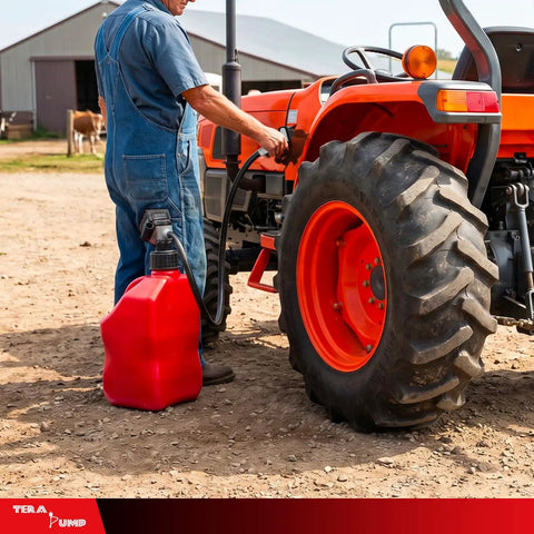 Man using Grab And Go Cordless Fuel Transfer Pump Featuring Auto Stop Safety and Comfort Grip 4 Gpm Portable Gas Pump on tractor.