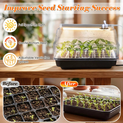 Seed Starter Tray With Grow Lights And Heating Tray showing seedlings under a pro grade adjustable height humidity dome indoors.