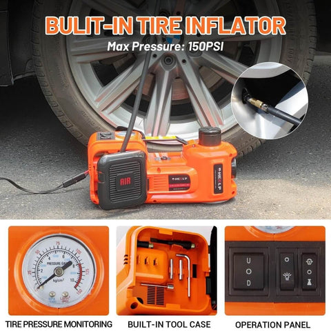 Electric Car Jack Kit 5 Ton Hydraulic Lift With 12V Power, Lifting Range 6.1 to 17.7 Inches, includes built-in tire inflator