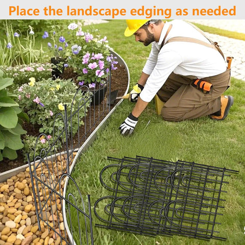 Man installing Super Sturdy No Dig Animal Barrier Fence Panels For Dogs And Rabbits 45 Feet Long With 32 Rustproof Metal Arched Sections