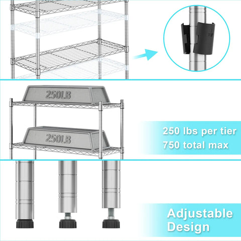 Three-Tier Heavy-Duty Chrome Wire Shelving Rack With Adjustable Shelves Space-Saving Storage Unit Holds Up To 250 Lbs Per Shelf 750 Lbs Total Rust-Resistant Waterproof Easy Assembly For Garage Kitchen Laundry, chrome wire shelves