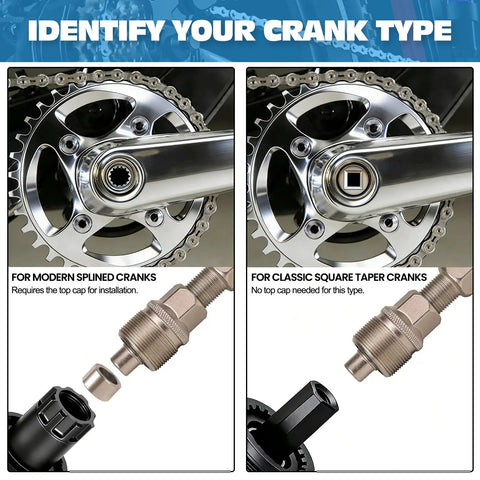 Versatile Bike Crank Puller Tool For Square Taper And Splined Cranks identification guide for crank type.