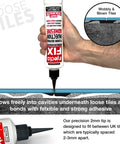 Person uses Extra Strength Floor Repair Adhesive For Loose Or Hollow Tiles Squeaky Wood And Laminate with syringe tip, no gun needed.