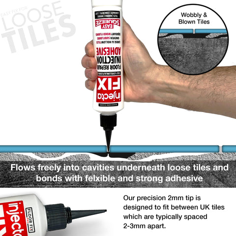 Person uses Extra Strength Floor Repair Adhesive For Loose Or Hollow Tiles Squeaky Wood And Laminate with syringe tip, no gun needed.