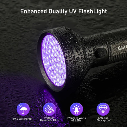 68 LED 395nm UV Blacklight Flashlight with water droplets on aluminum body, pet urine detector, ultra bright black light