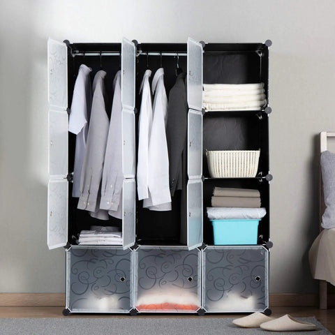 Modular Wardrobe Closet System With Portable Clothes Rack And Dresser, 12 Cube Cubby Storage Organizer For Bedroom Armoire, DIY Cabinet In Black Finish
