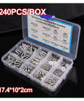 Stainless Steel Hex Head Screws Nuts And Washers Set For DIY Enthusiasts Full Hardware Assortment Kit with 240 pieces in box.