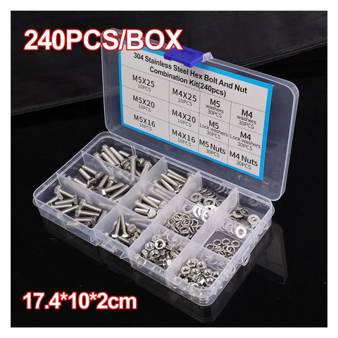 Stainless Steel Hex Head Screws Nuts And Washers Set For DIY Enthusiasts Full Hardware Assortment Kit with 240 pieces in box.