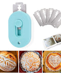 XANGNIER bread lame with extractable magnetic blade and 5 replacement blades; turquoise handle; decorative loaves shown