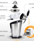 Lifetime 200 Watt Stainless Steel Electric Citrus Juicer With Lever Press Bpa Free 10 Oz Juice Cup parts diagram showing components.