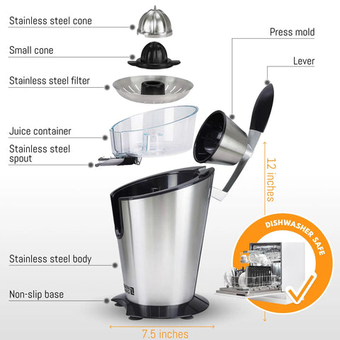 Lifetime 200 Watt Stainless Steel Electric Citrus Juicer With Lever Press Bpa Free 10 Oz Juice Cup parts diagram showing components.