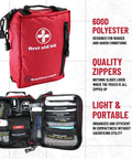 98 Piece Premium First Aid Kit For Travel, Camping, Home And Outdoor Emergencies with labeled compartments and CPR pouch.
