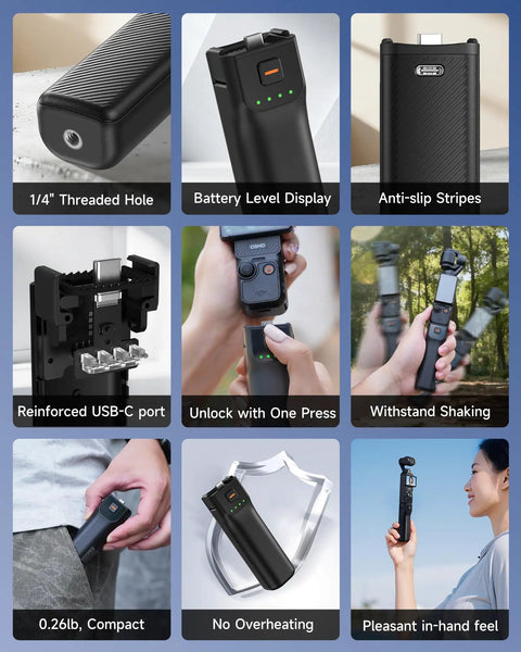 Pocket 3 Battery Handle For DJI Osmo Pocket 3, 5000mAh Fast Charger features, including USB-C port and no overheating