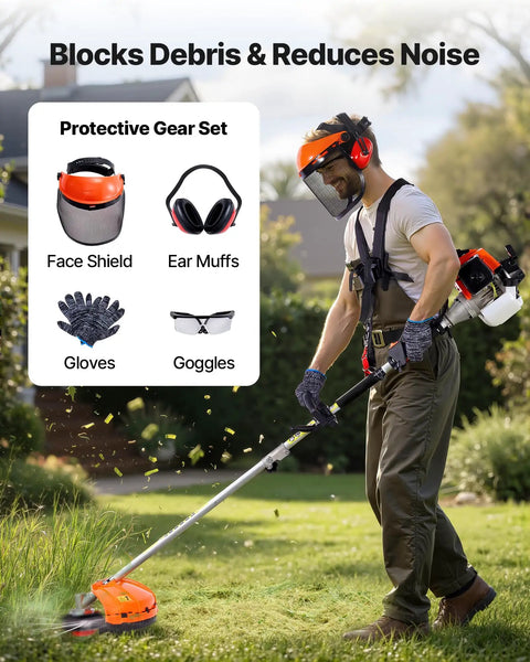Man using Gas Hedge Trimmer Combo With 63cc 2 Cycle Engine Five In One Multi Tool For Hedge Trimming String Trimming Brush Cutting Pole Saw Edging And Protective Gear Set Included Includes 3T And 40T Blades For Yard Work while wearing protective gear