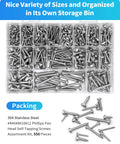 Bulk Stainless Steel Wood Screws Set, 550 piece assortment displayed in a storage bin, featuring various sizes and lengths.