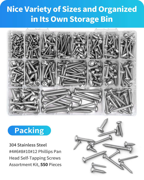 Bulk Stainless Steel Wood Screws Set, 550 piece assortment displayed in a storage bin, featuring various sizes and lengths.