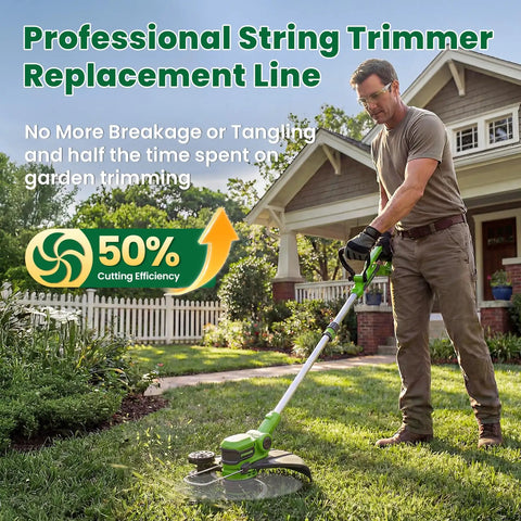 Man using Auto Feed 0.065 Inch Trimmer String Spool Replacement For Weed Eater And Weed Wacker in garden