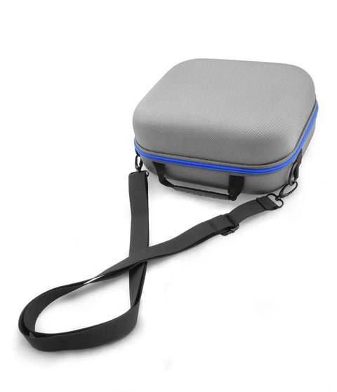 Heavy Duty CPAP Travel Case Compatible With Airmini Device And Airfit P10 Mask Setup featuring gray shell and blue trim with strap.
