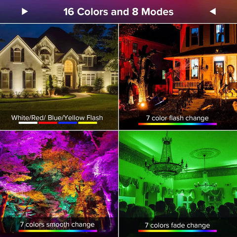RGB LED Flood Light 400W Equivalent Outdoor Indoor Color Changing Wall Light With Remote, showcasing 16 colors and 8 modes