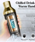 Top Shelf Insulated Cocktail Shaker Set With Double Wall Stainless Steel Body and Integrated Jigger Strainer in hand, featuring triple insulation.