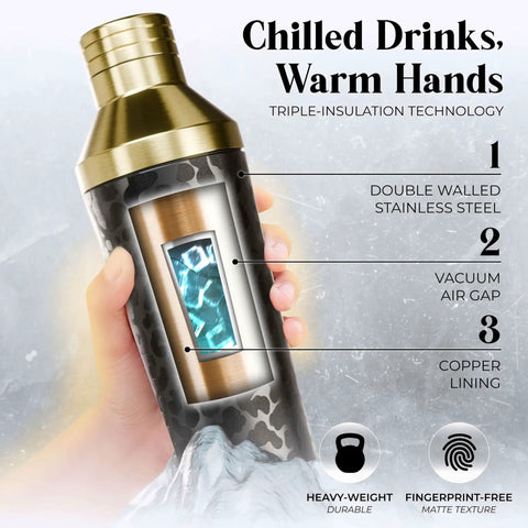 Top Shelf Insulated Cocktail Shaker Set With Double Wall Stainless Steel Body and Integrated Jigger Strainer in hand, featuring triple insulation.