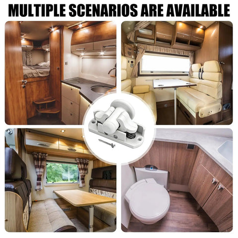 Durable Nylon Door Retainer Catch Clips For Caravans And Motorhomes in various RV scenarios displayed around a central image.