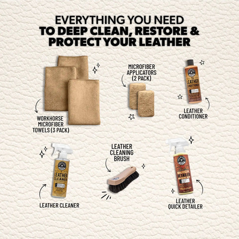 Dime Quality Nine Piece Leather Cleaner And Conditioner Kit For Car Interiors With Soft Microfiber Towel and detailing tools.