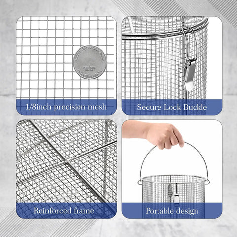 Built Tough 304 Stainless Steel Parts Washer Basket 8.5 By 9 Inch Shop Ready Industrial Mesh Tray secure lock buckle and reinforced frame.