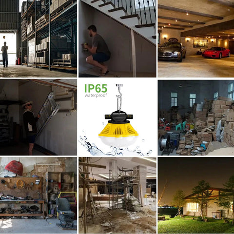 Collage showing Ultra Bright 100 Foot LED Construction String Lights With Aluminum Housing 200W Total Power 20000 Lumens For Temporary Work Sites in various settings.