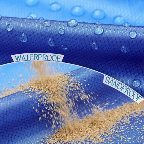 Close-up of Oversized Beach Blanket 78 By 81 Inches Go-To Picnic Mat showing waterproof and sandproof features with droplets and sand.