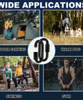 Collage showing applications of 50 Pack 2 Inch Quick Links And M5 Locking Carabiners Set for camping, dog walking, swings, and gym.