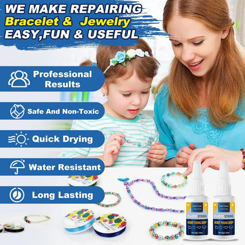 Woman and child using Bracelet Glue For Elastic String Knots And Bead Charms, 100g for jewelry making with beads on table.