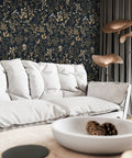 Living room with Black And Gold Delicate Floral Peel And Stick Wallpaper 236x16.1 Inches Waterproof Vinyl Self Adhesive Removable Wall Covering