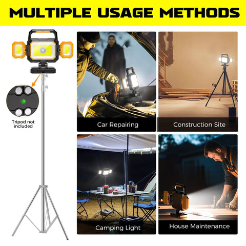 Image showcasing multiple uses for the Beastly 40W Rechargeable LED Work Light With Magnetic Base, 4000 Lumens, in different settings.