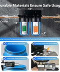 Two Stage Whole House Water Filtration System with 10 Inch Sediment Filter and CTO Carbon Filter, dimensions and features shown