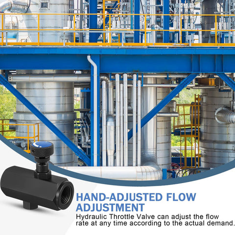 Hydraulic flow control valve with knurled adjustment knob; black metal body, 1/2" NPT threaded.