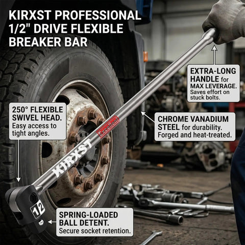 One Half Inch Drive Breaker Bar With 250 Degree Rotatable Head Heavy Duty Extension Bar Ball Lock Laser Marking Chrome Molybdenum Steel Built To Beat Stubborn Bolts For Auto And Motorcycle Maintenance And Repair on truck wheel