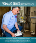 Technician installing VCMA-20 Series condensate pump for HVAC systems in utility room