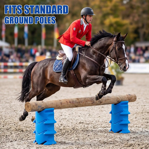 Equestrian horse jumping over blue 4 Pack Adjustable Jump Block Holders For Ponies, Mini Horses And Dogs Lightweight Equestrian Jump Rail Razers