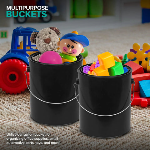 One Gallon Black Plastic Paint Bucket With Triple Lock Airtight Seal holding toys, 128 Fl Oz all-plastic can with metal handle