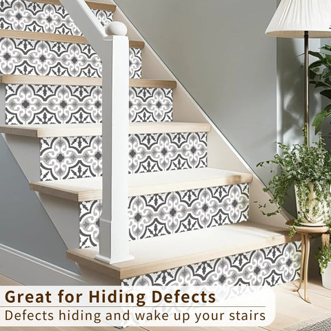 14 Strips Peel And Stick Stair Risers Self Adhesive Vinyl Stickers Decals For Steps With Moroccan Pattern, Staircase Murals Decor, 39.37 By 7.09 Inches, Easy Peel And Stick Install