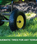 Push Broadcast Spreader With 130 Lb Capacity And Rust Proof Poly Hopper tire detail in grass