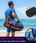 Man at the beach carrying 130L Mesh Duffle Bag for Water Sports Gear with Wide Opening and Shoulder Straps, close-up of padded strap.
